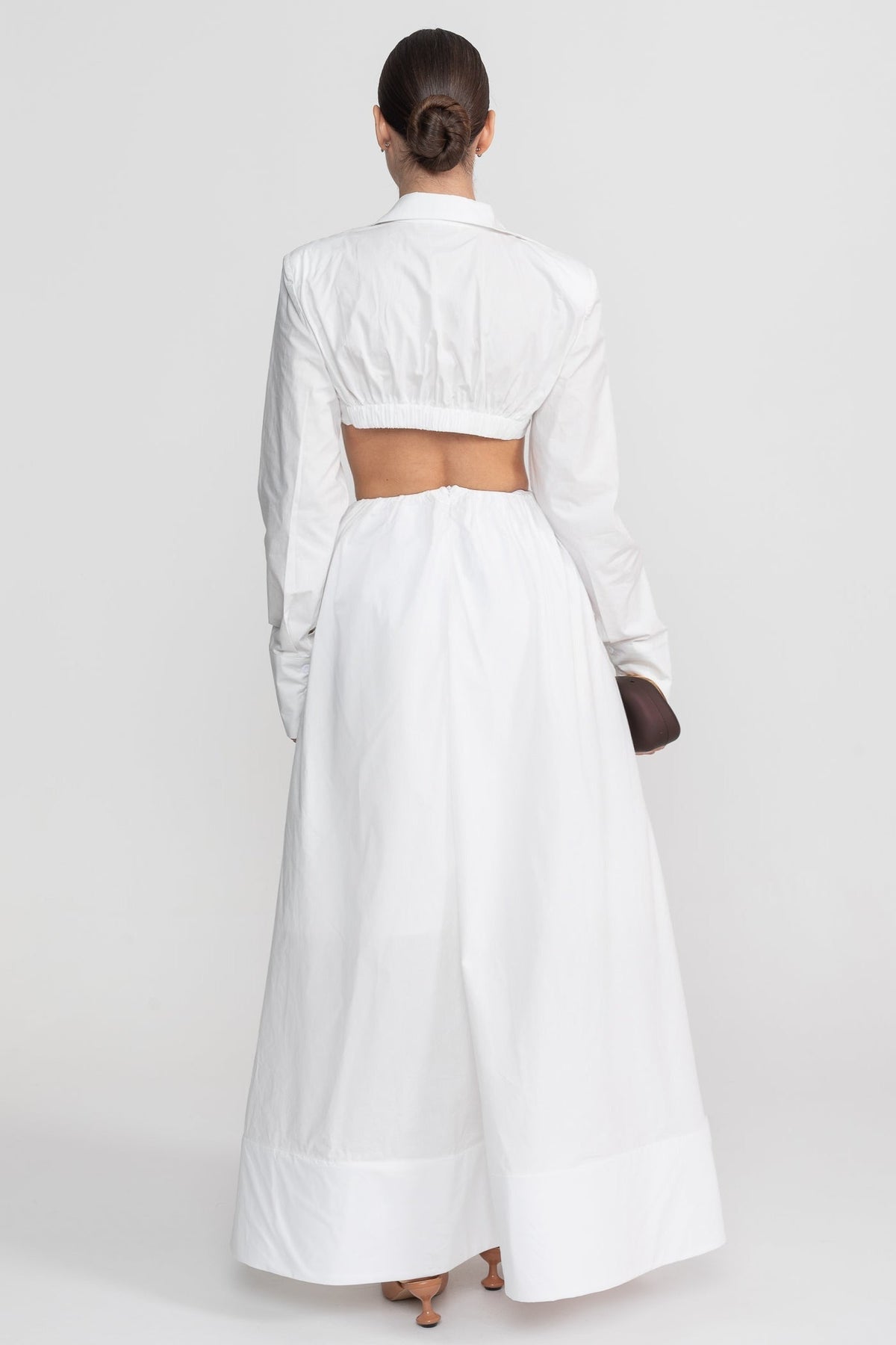 Cropped Deep V Long Sleeve Top and A-Line Maxi Skirt Co-ord Set – White – view 6