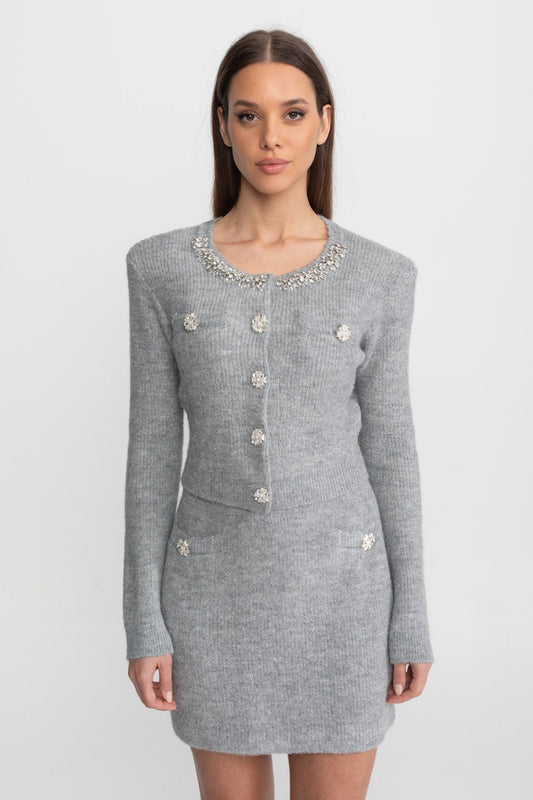 Embellished Knit Cardigan and Mini Skirt Co-ord Set with Crystal Buttons – Grey
