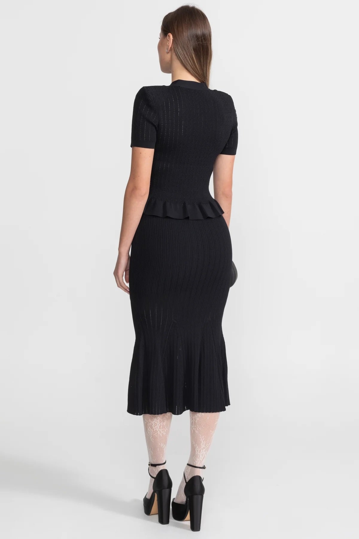 Ribbed Knit Peplum Top and Midi Skirt Co-ord with Gold Buttons – Black – view 3