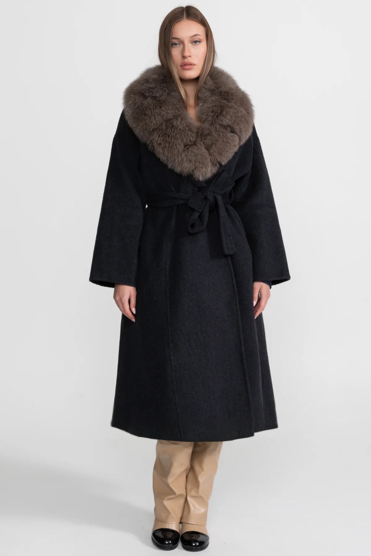 Double-Faced Wool Wrap Coat with Collar Trim and Tie Belt – Black/Brown – view 1