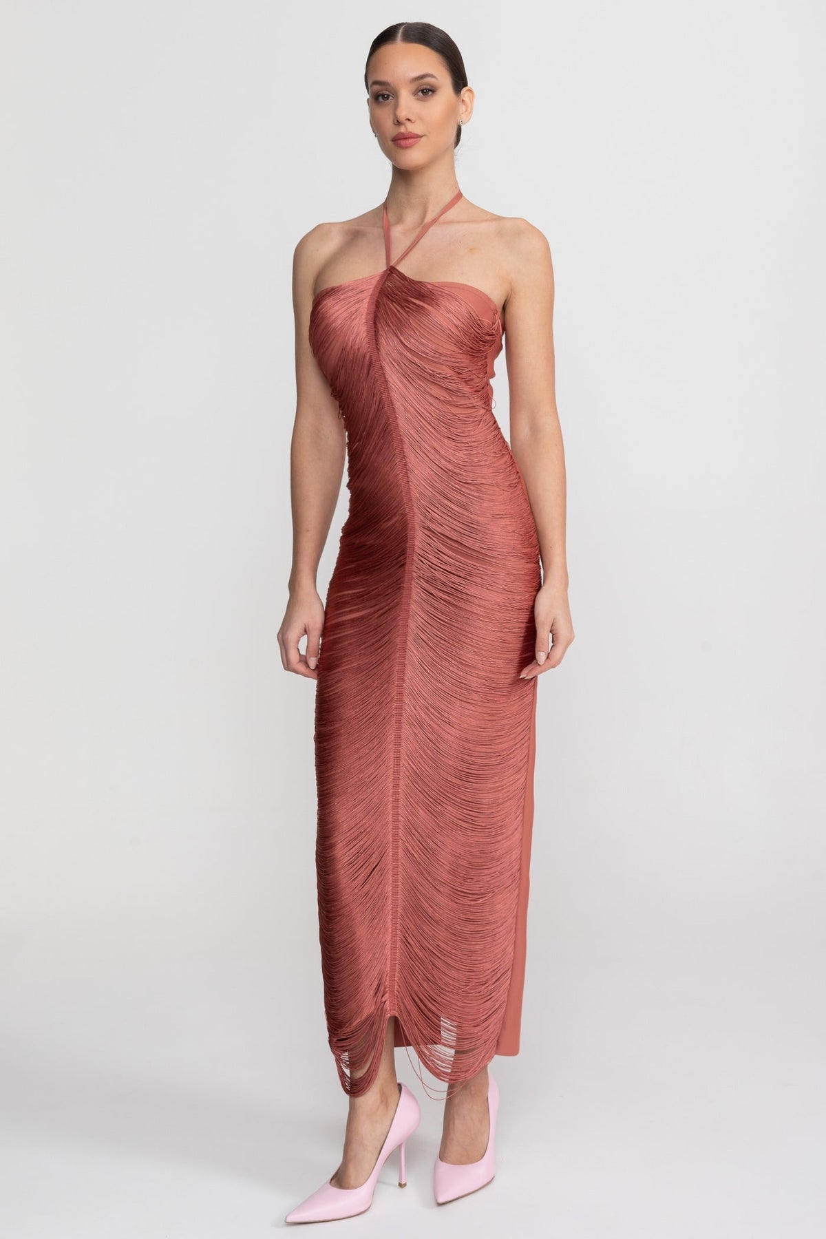 Pleated Halter Neck Body-Contouring Dress with Front Slit – Light Brown – view 3