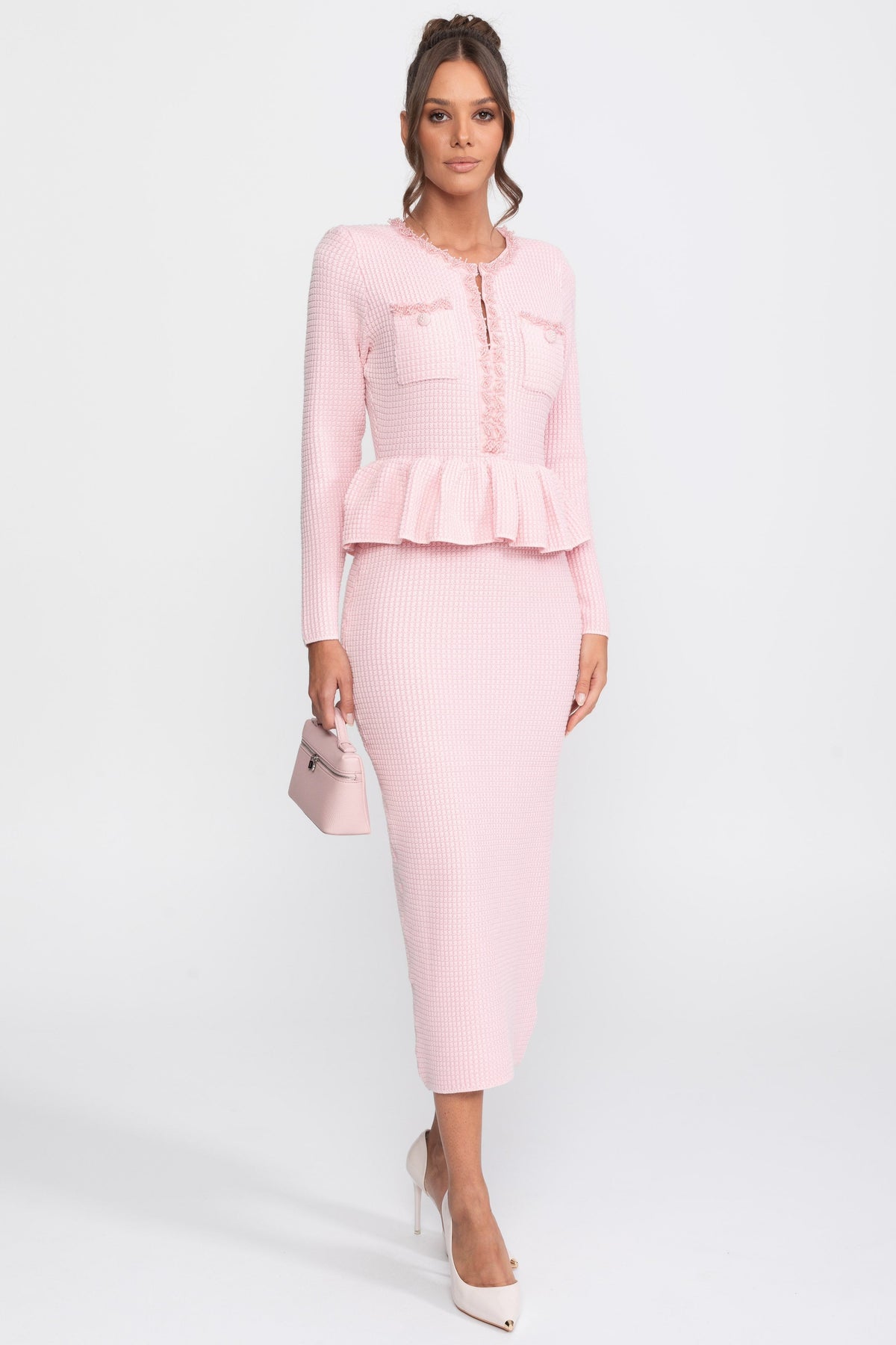 Fringe Trim Long Sleeve Knit Peplum Pencil Dress with Pockets – Pink – view 2