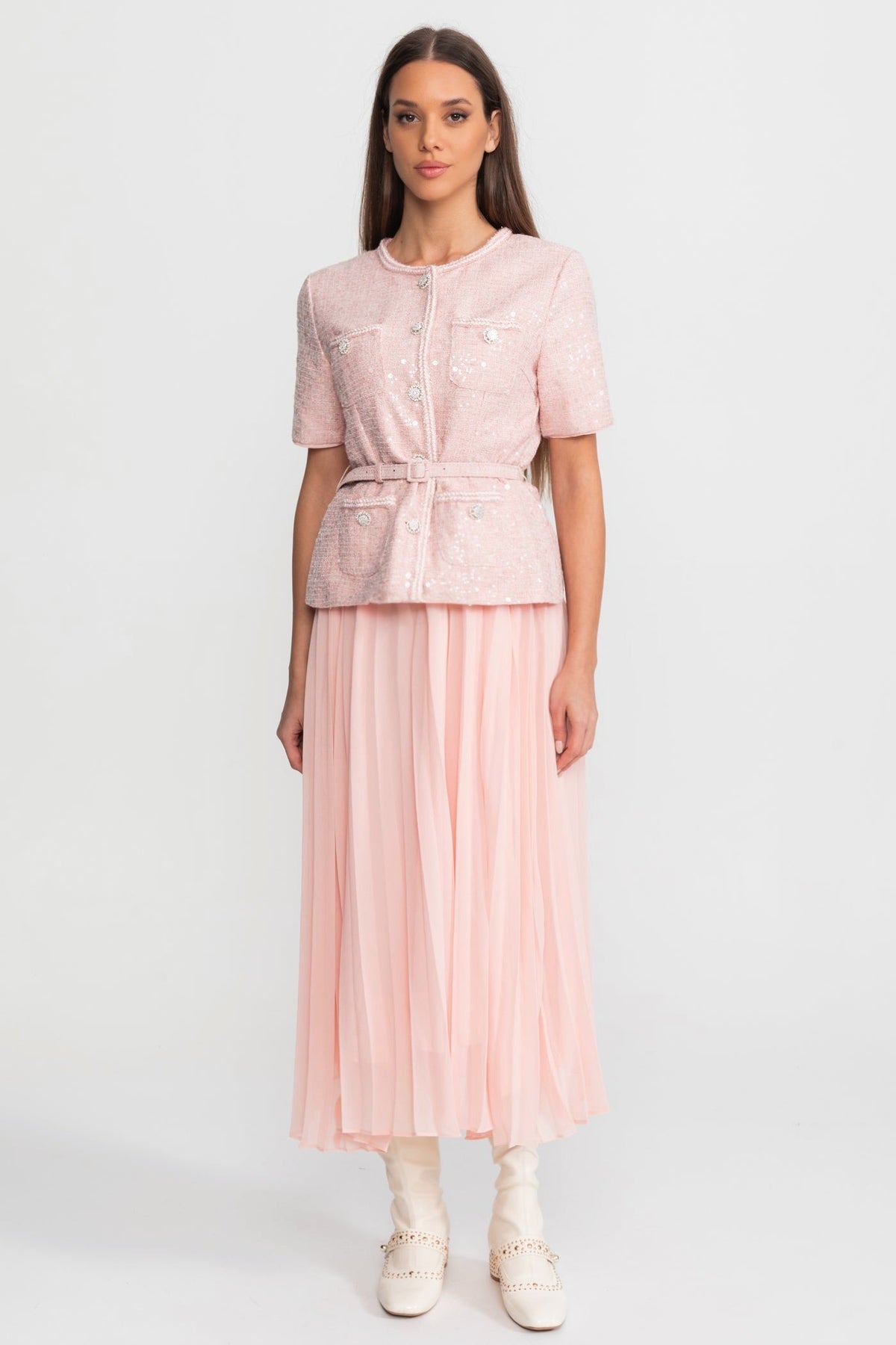 Tweed and Pleated Chiffon Belted Midi Dress with Crystal Buttons – Blush Pink