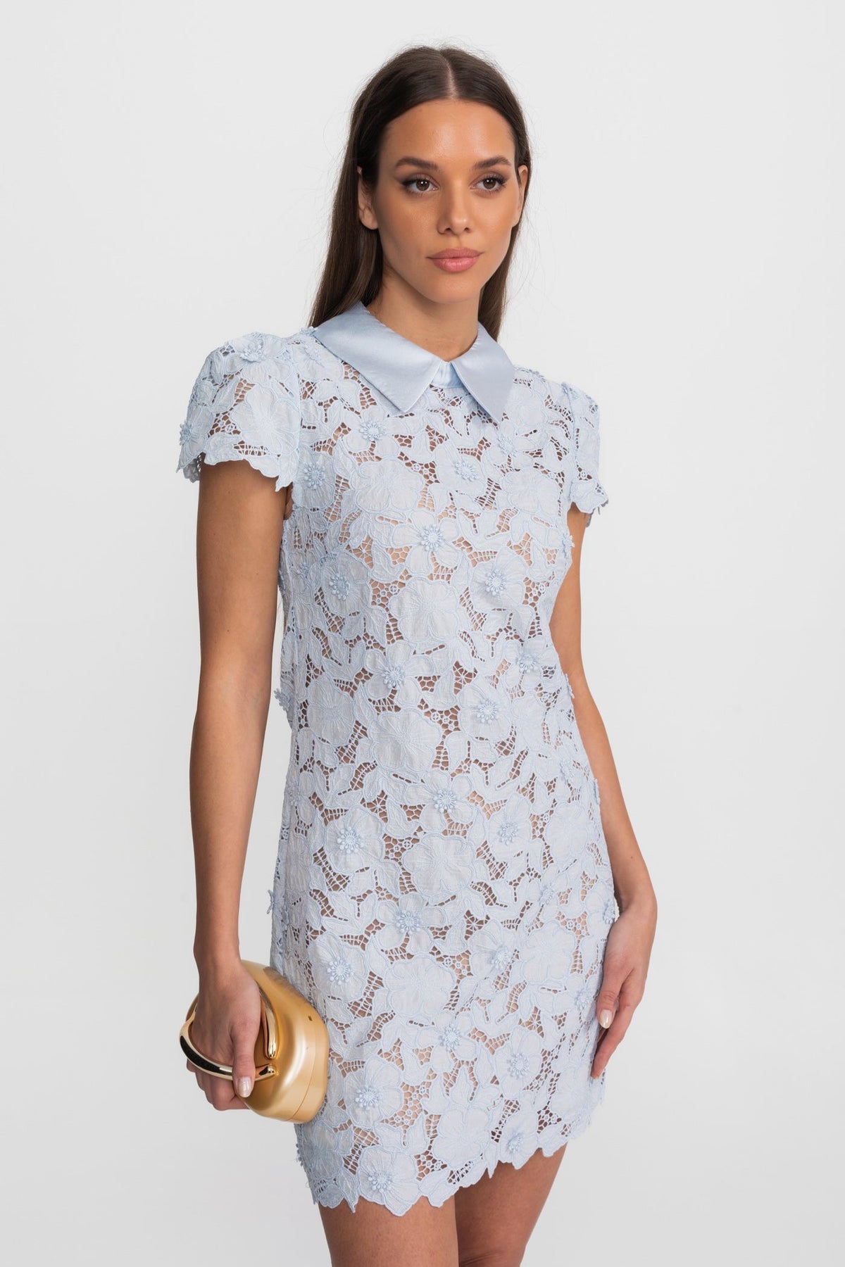 Floral Lace Satin Peter Pan Collar Fitted Mini Dress – Light Blue – view 2
