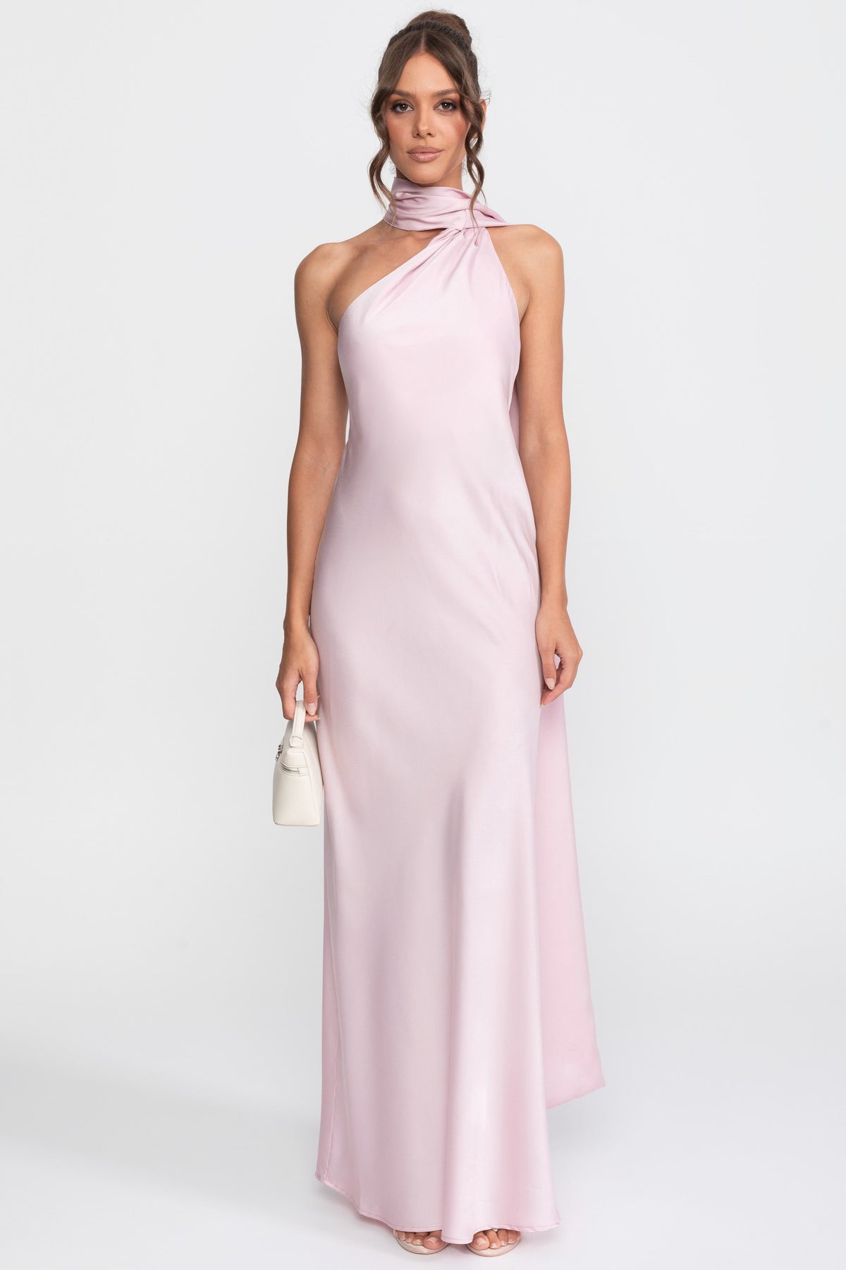 Twist Halter Satin Slip Dress with Asymmetric Neckline – Pink – view 1