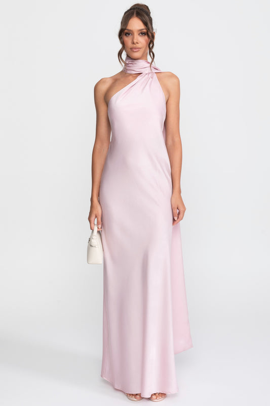 Twist Halter Satin Slip Dress with Asymmetric Neckline – Pink