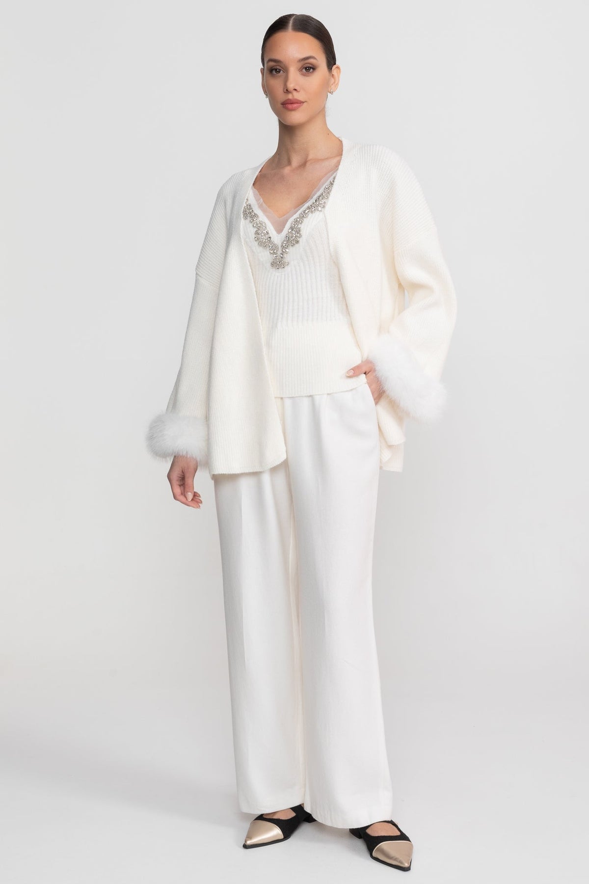 Crystal Knit Camisole and Longline Cardigan Set with Feather Cuffs – White – view 4