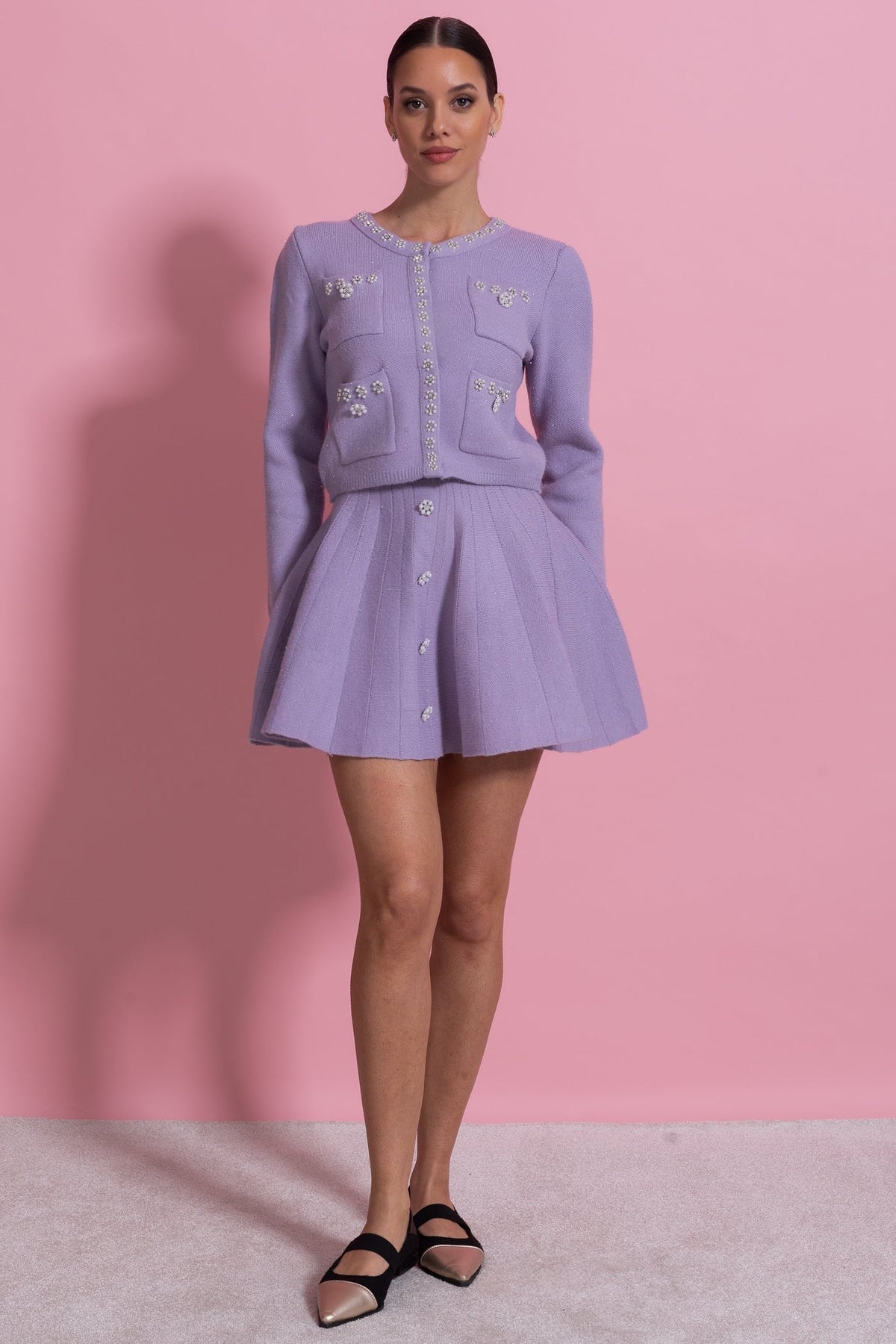 Crystal Embellished Knit Cardigan and Pleated Mini Skirt Set – Lilac – view 4