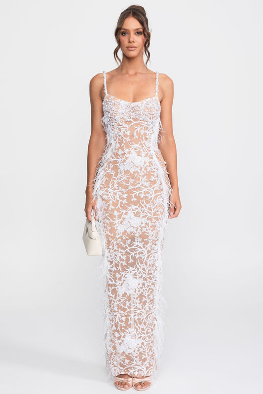 Feather Trim Pearl Beaded Lace Gown with Scoop Neck – White