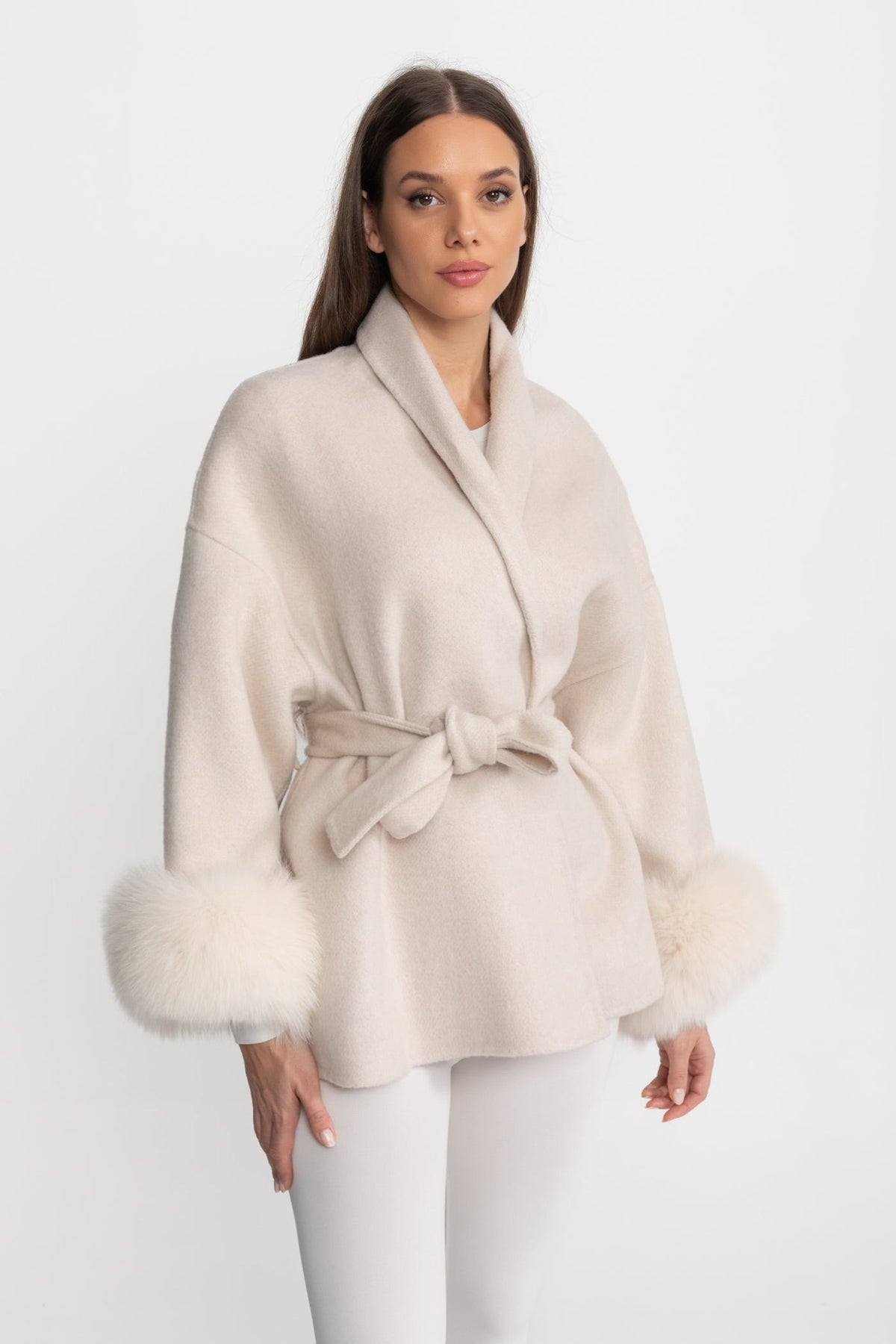 Wool Blend Wrap Jacket with Plush Cuffs – Cream – view 4