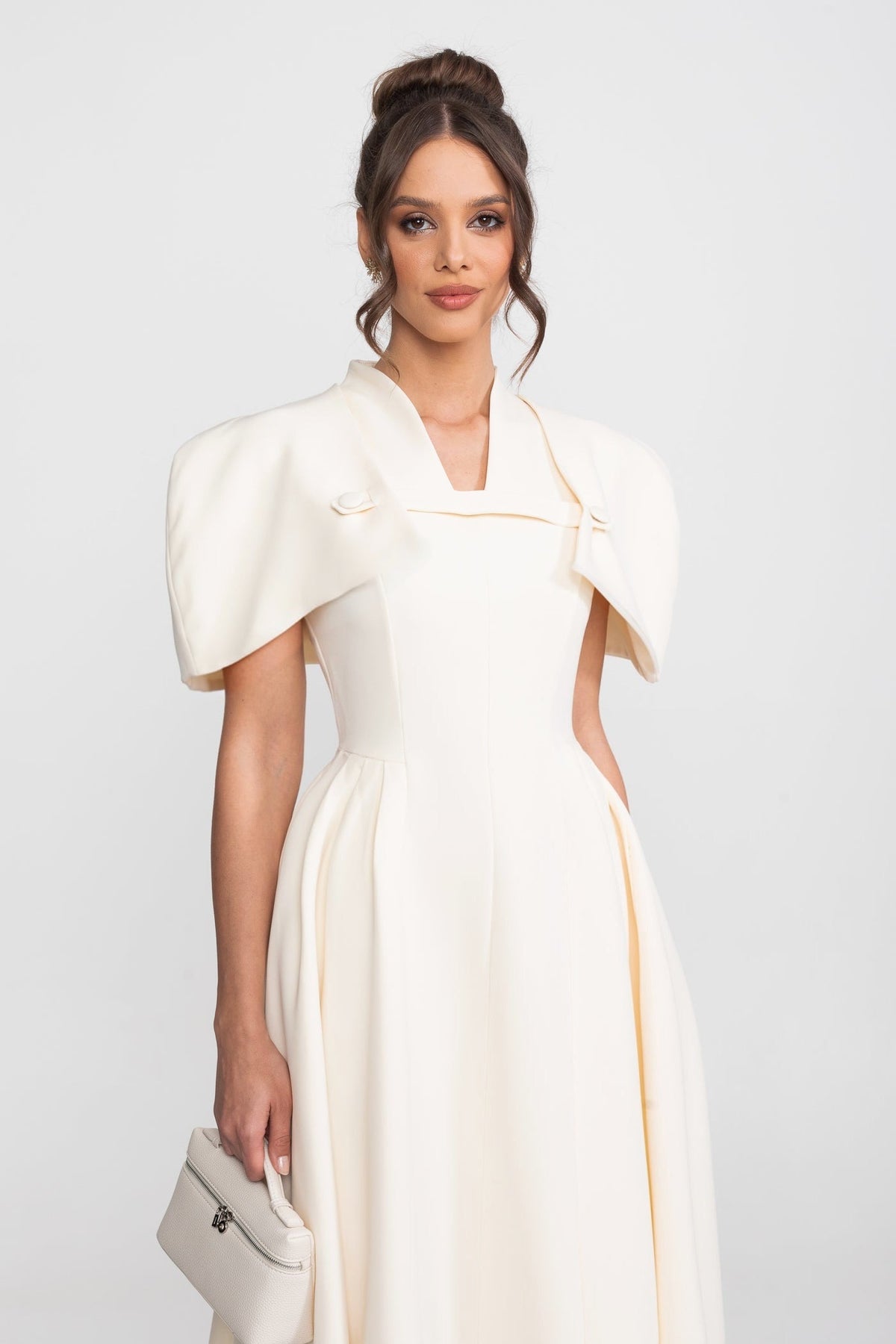 Structured Cape Shoulder V-Neck A-Line Midi Dress – Cream