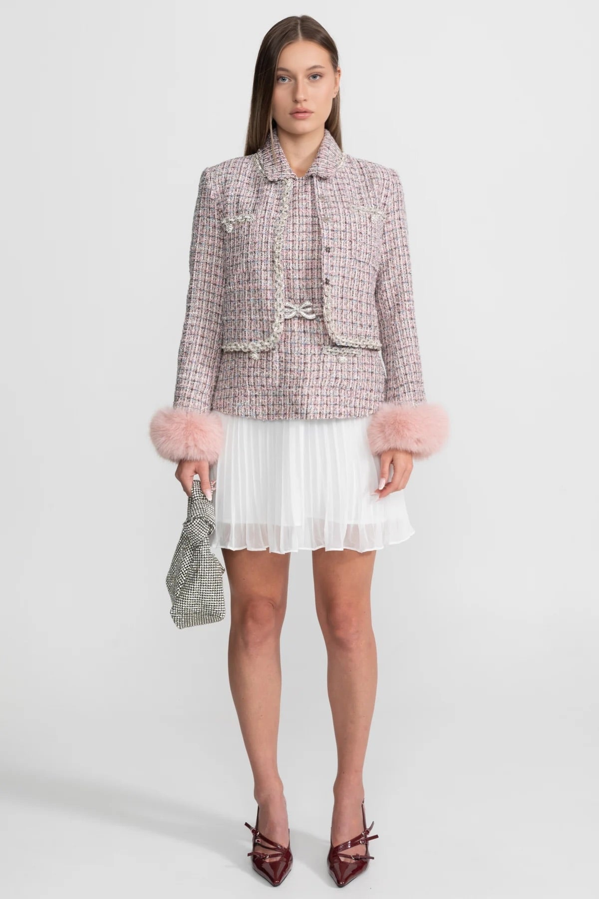 Open Front Tweed Cropped Jacket with Faux Fur Cuffs – Pink