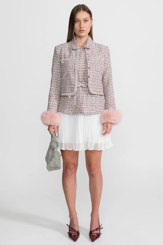 Open Front Tweed Cropped Jacket with Faux Fur Cuffs – Pink