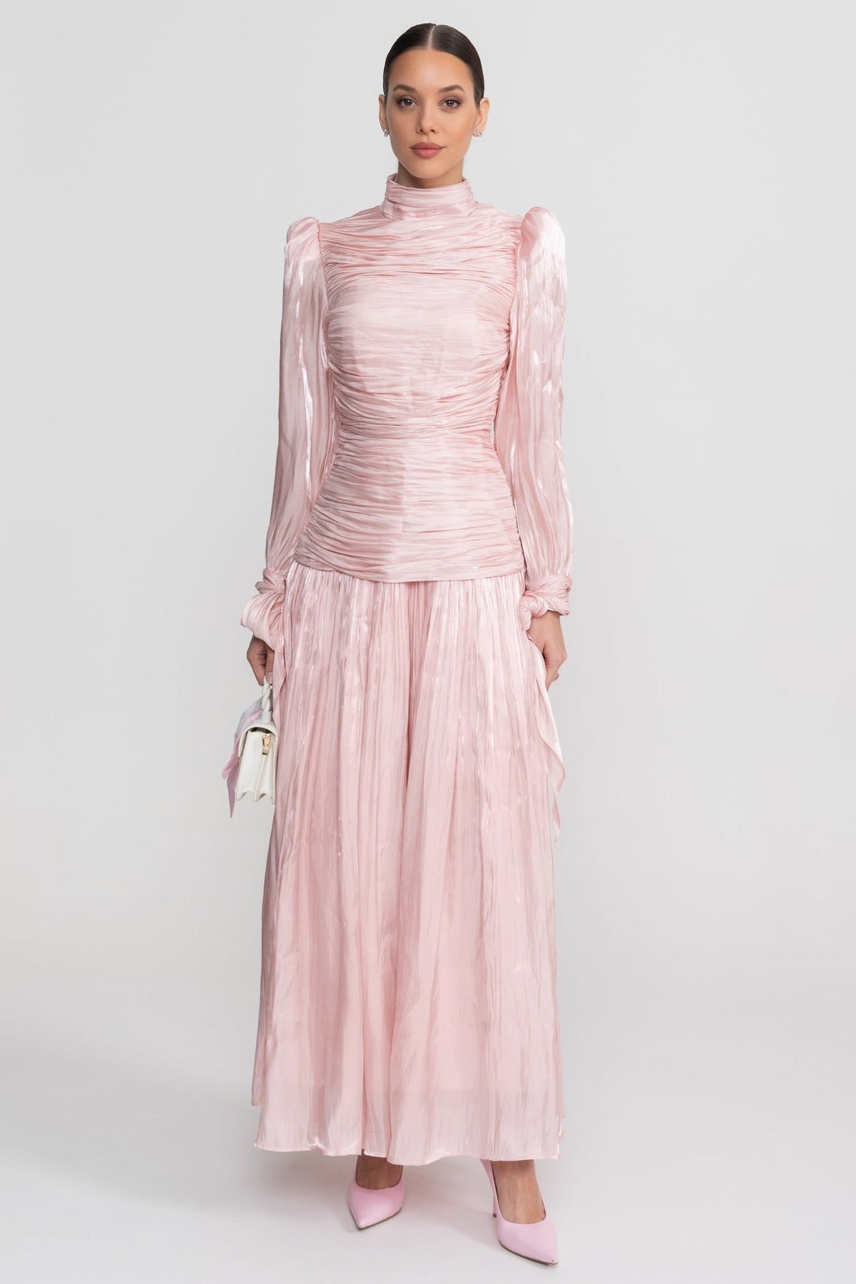 Ruched Mock Neck Long Sleeve Maxi Dress with Pleated Skirt – Blush Pink – view 4