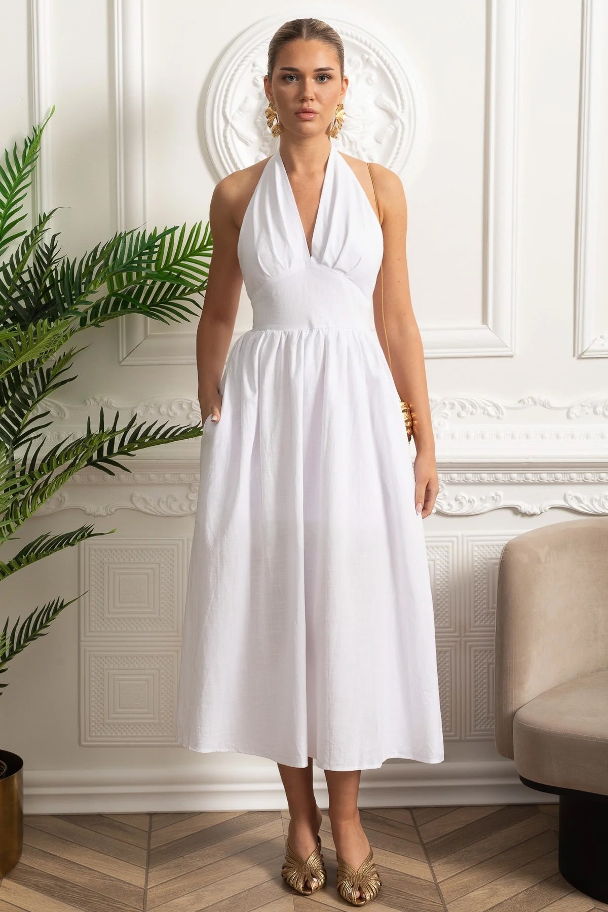 Plunging Halterneck Midi Dress with A-Line Gathered Skirt – White – view 1