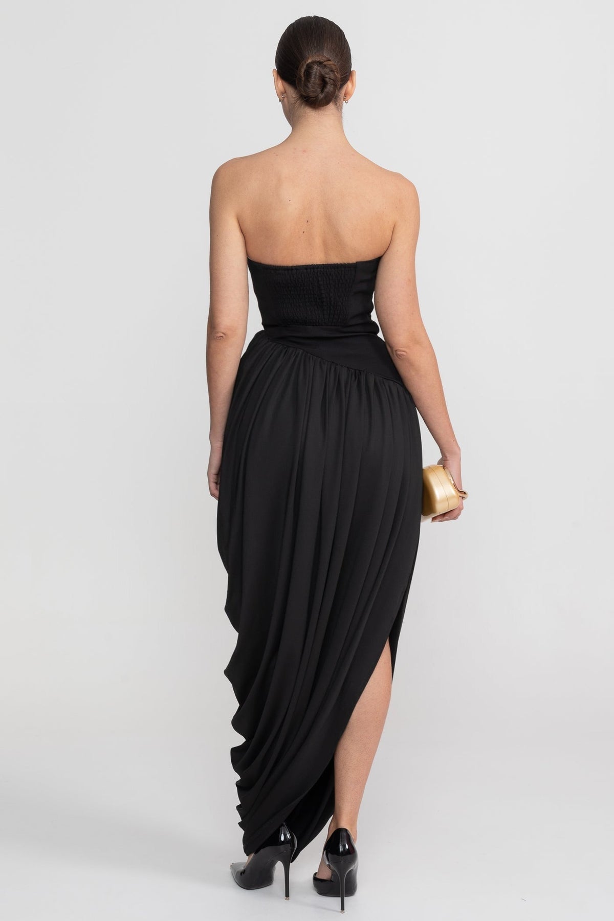 Strapless Crepe-Effect Maxi Dress with Asymmetric Draped Skirt – Black – view 6