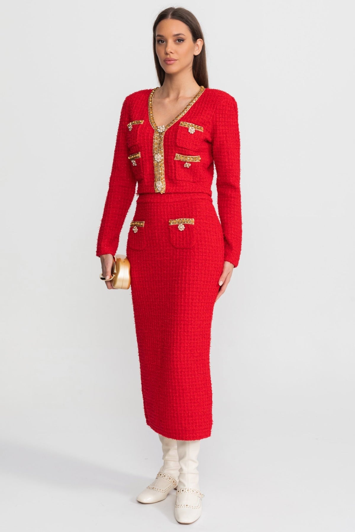 Gold Trim Tweed Cropped Jacket and Midi Skirt Set – Red – view 2