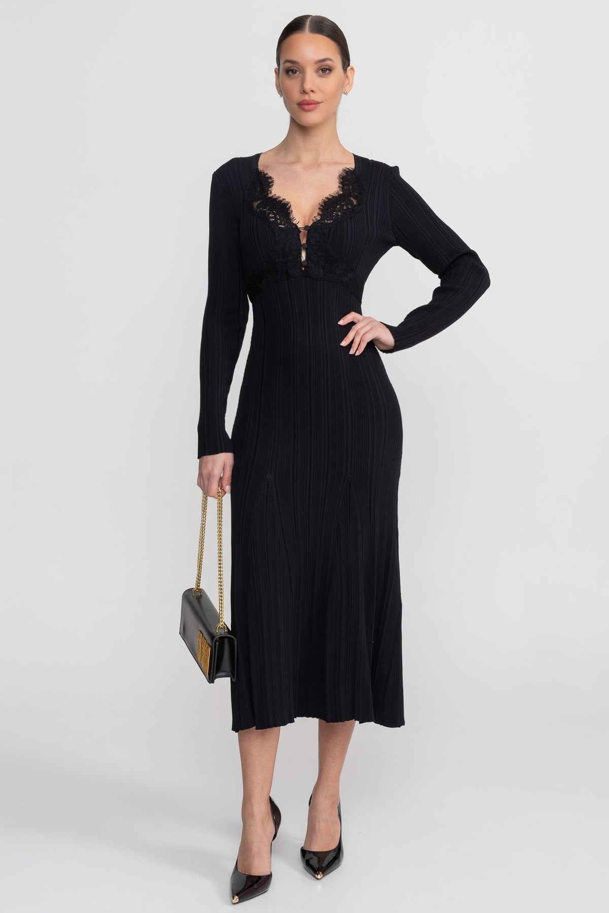 Ribbed Knit Lace Trim V-Neck Long Sleeve Midi Dress – Black – view 3