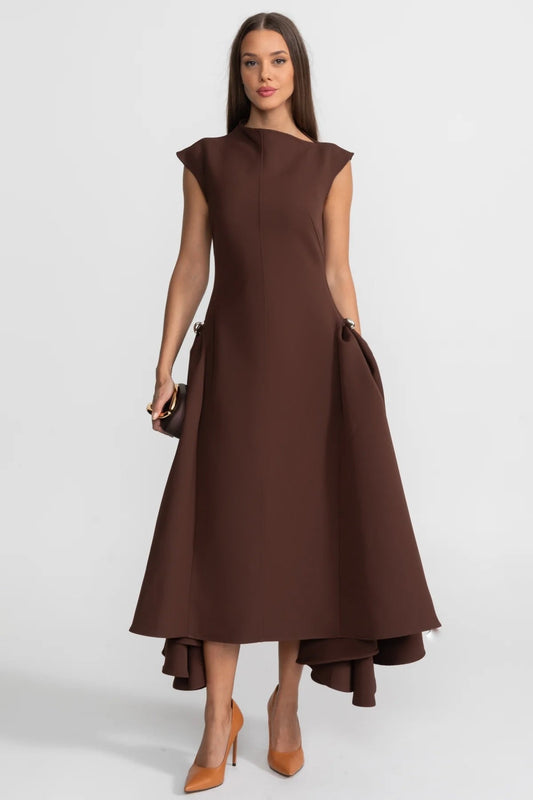 Cap Sleeve Sculptural Crepe Midi Dress with High-Low Hem – Brown