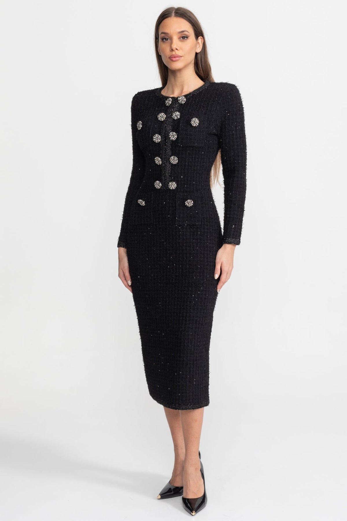 Long Sleeve Tweed Midi Dress with Crystal Buttons – Black – view 3