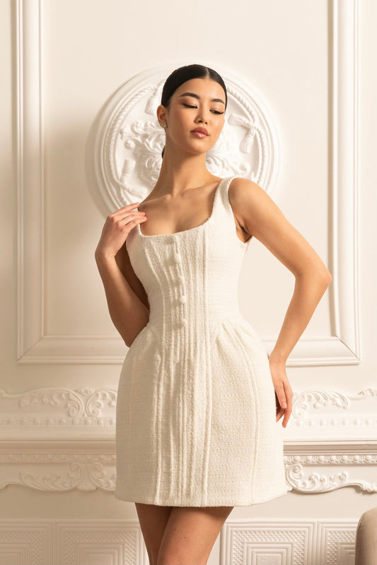 Sleeveless Textured Corset Fit A-Line Mini Dress – Ivoire – view 2