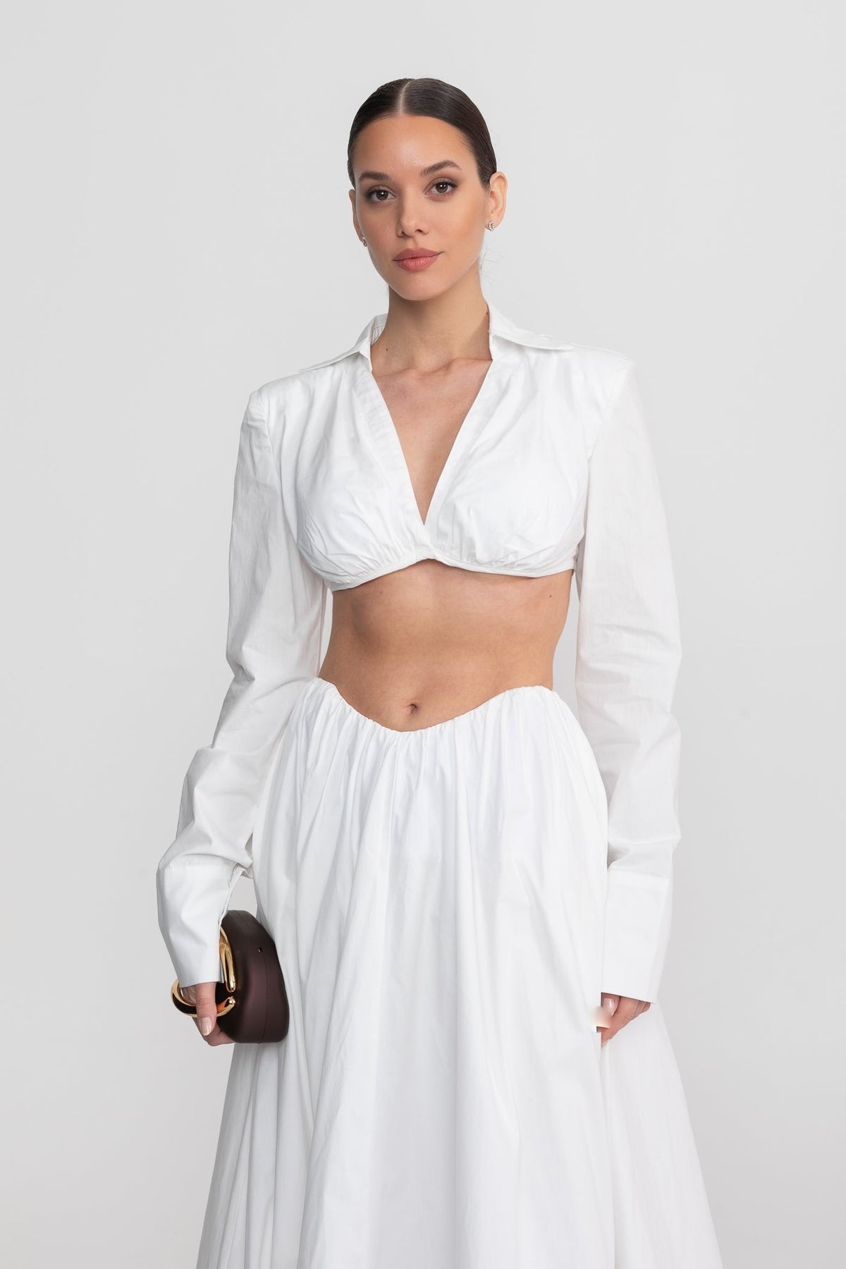 Cropped Deep V Long Sleeve Top and A-Line Maxi Skirt Co-ord Set – White