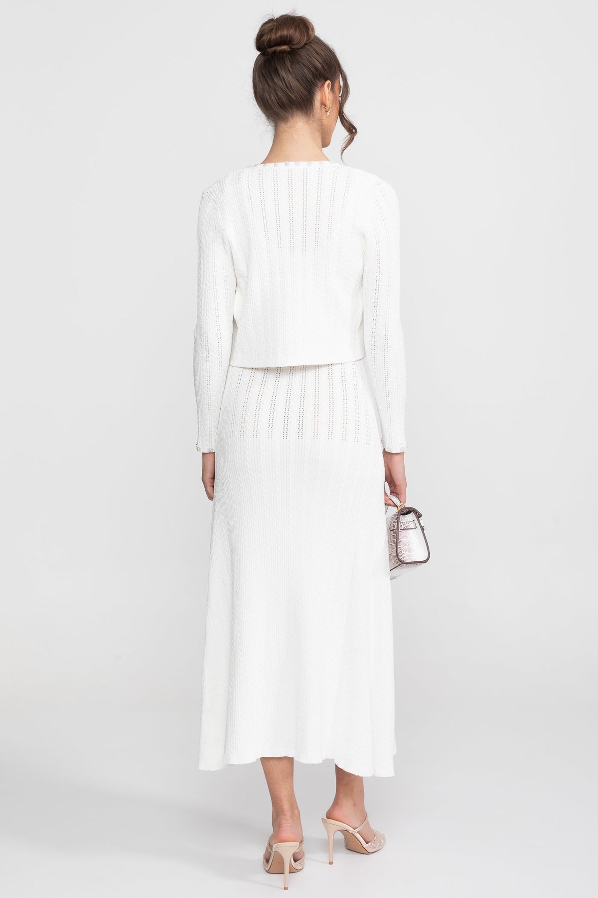 Ribbed Knit Midi Dress and Cropped Cardigan Set with Pearl Buttons – White – view 4