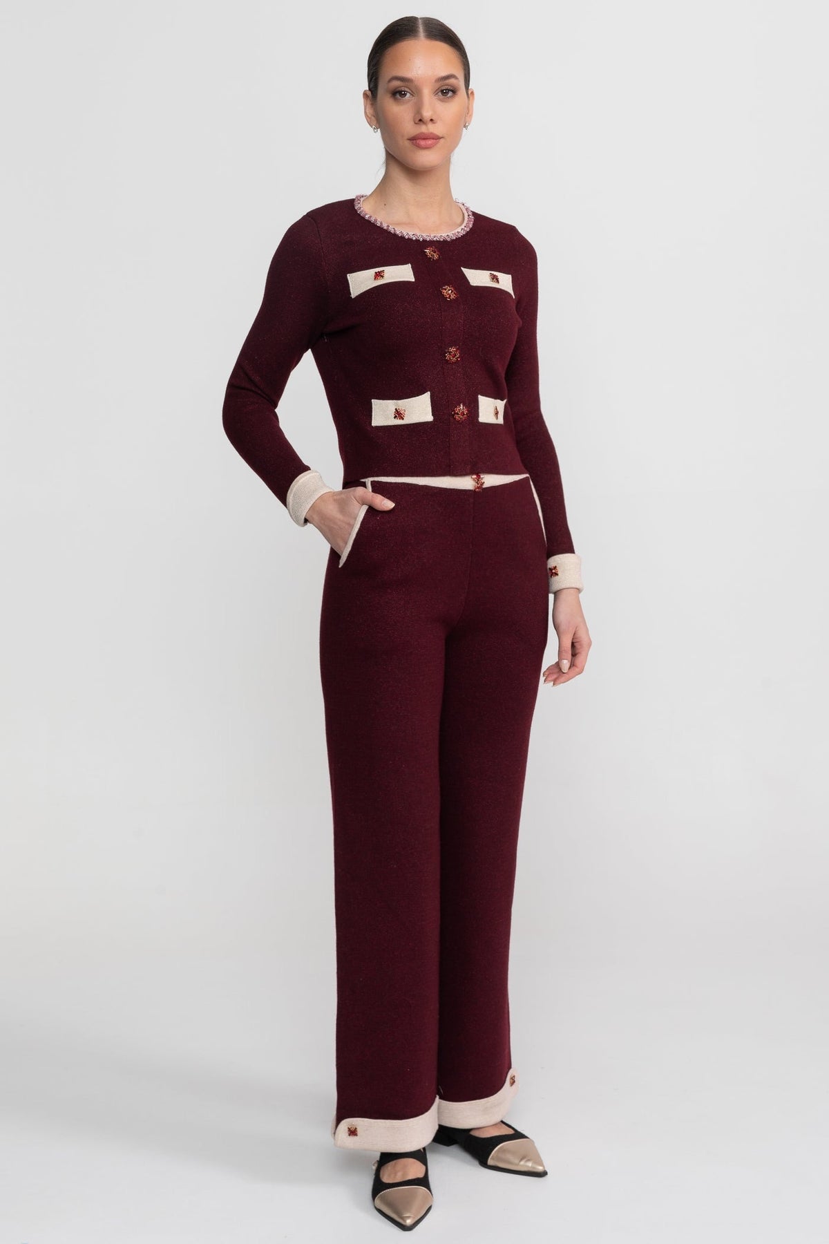 Cropped Knit Cardigan and Wide Leg Trousers Set with Contrast Trim – Burgundy – view 3