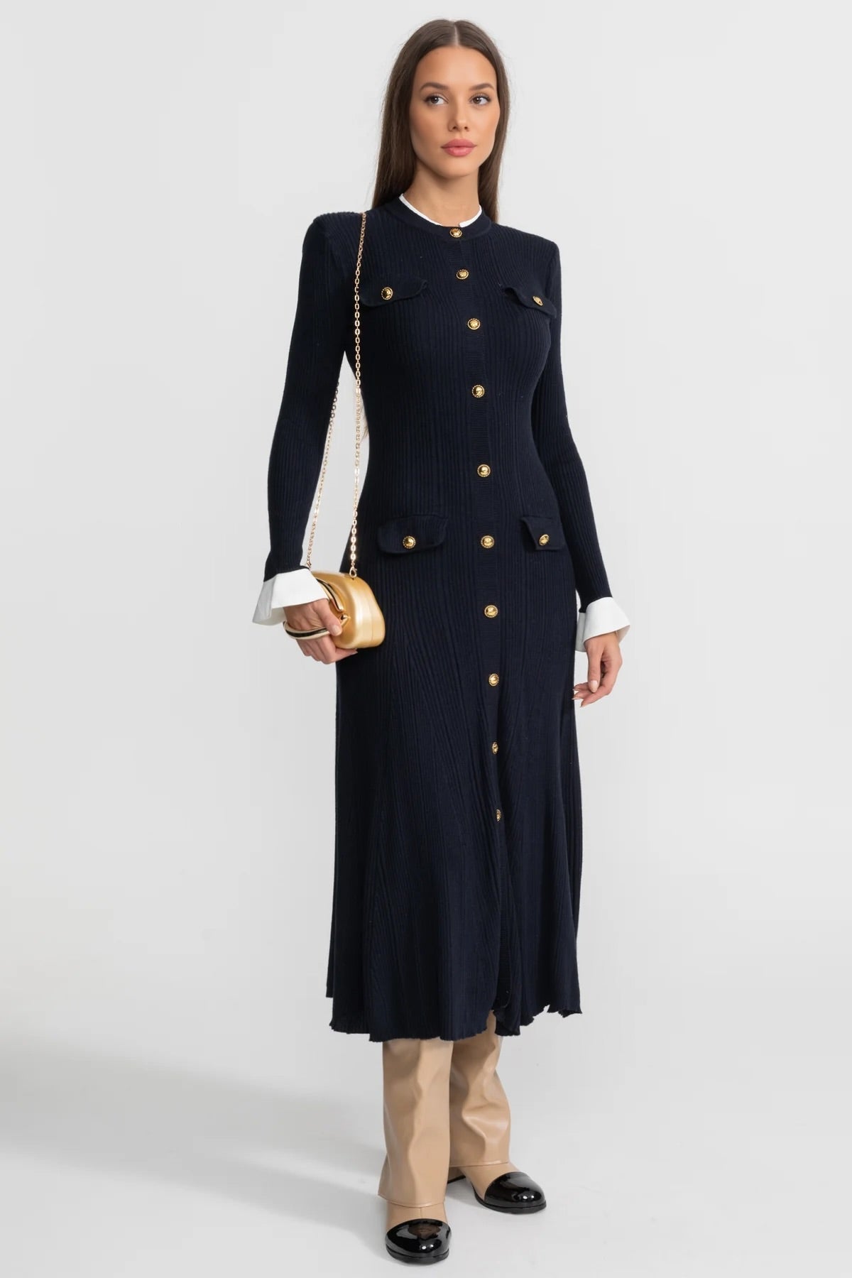 Long Sleeve Ribbed Knit Midi Dress with Gold Buttons and Belt – Dark Blue – view 2