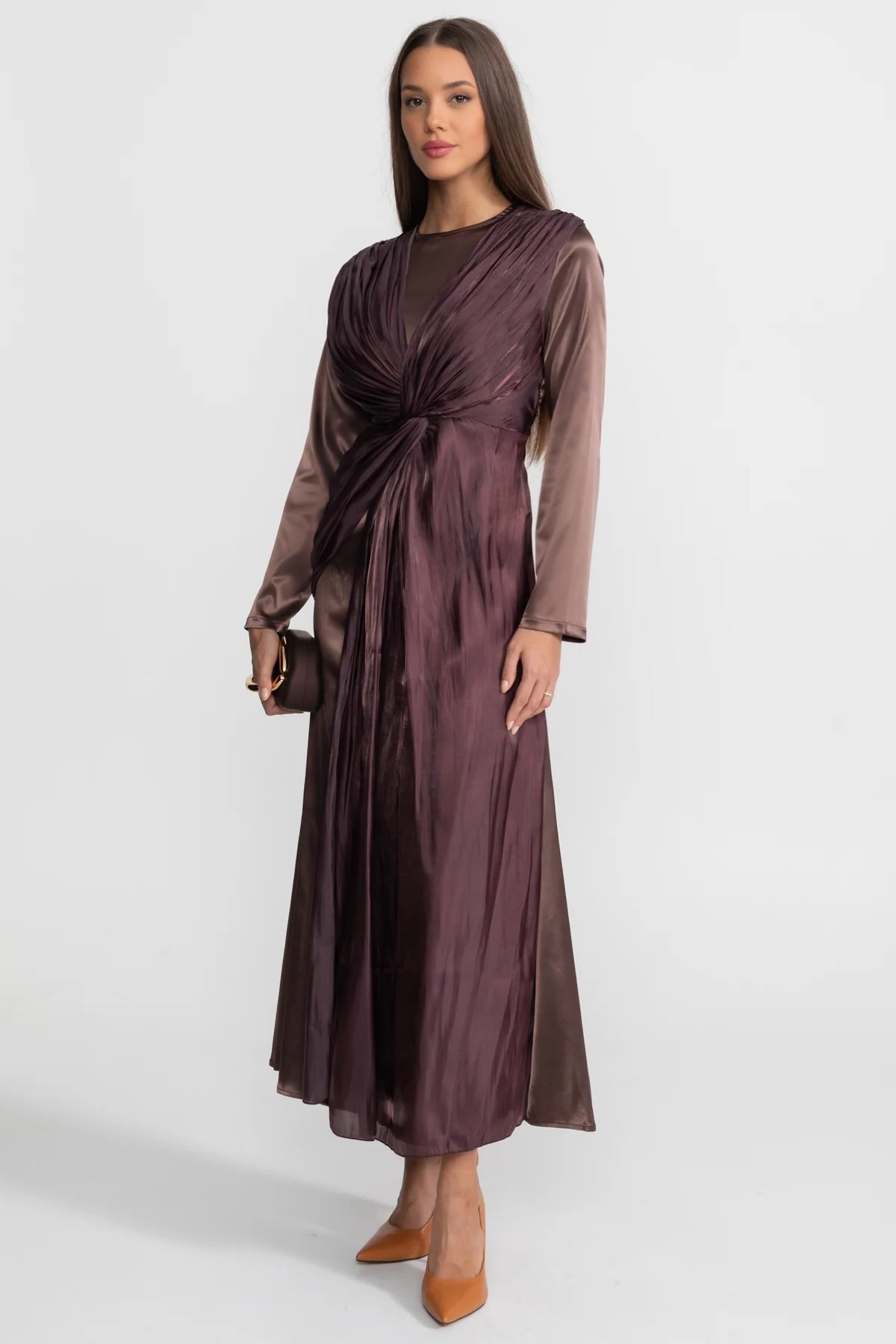 Satin Long Sleeve Midi Dress with Draped Knot Front – Brown – view 4