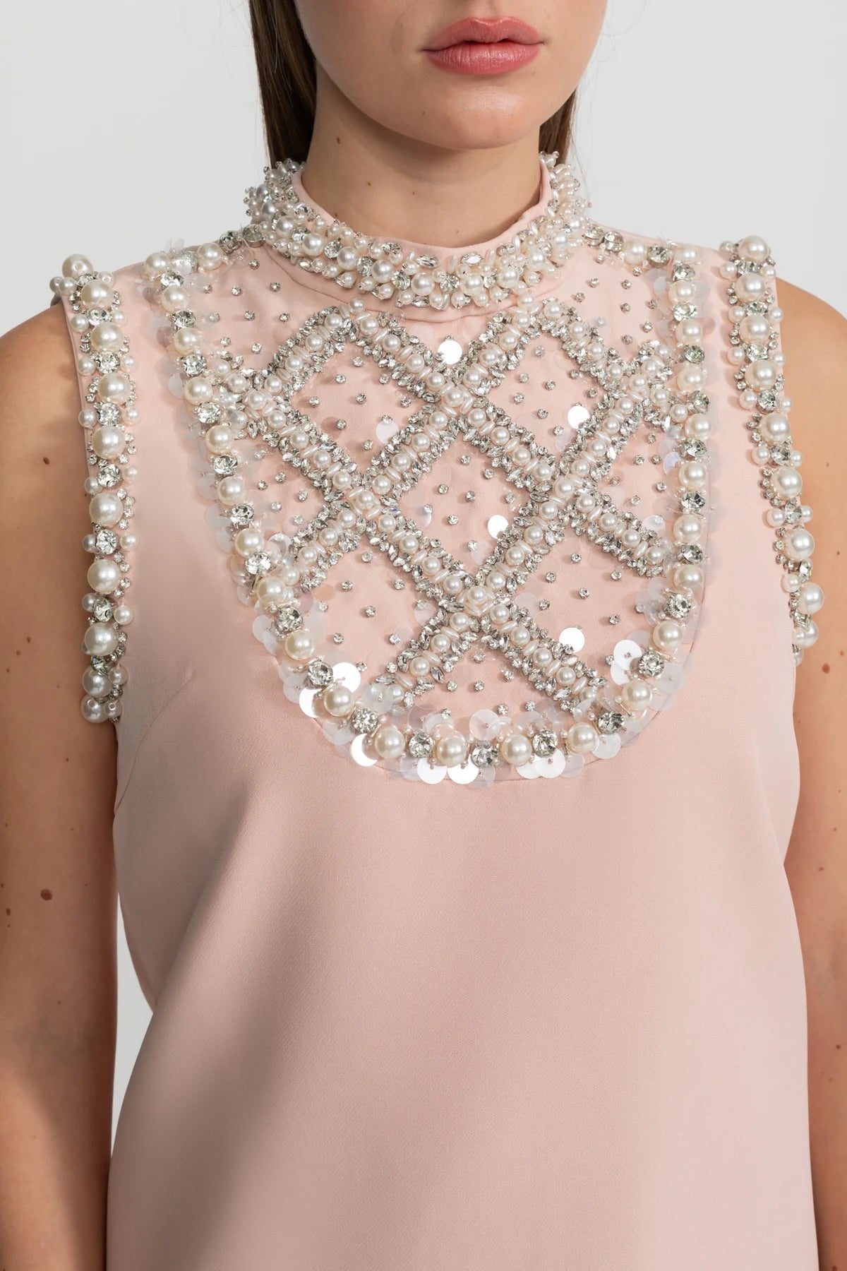 Pearl and Crystal Embellished High Neck Sleeveless Mini Dress – Blush Pink