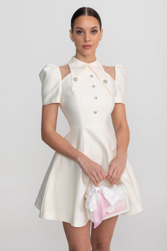 Doll Style V-Neck Mini Dress with Jewel Buttons and Flap Pockets – Ivory