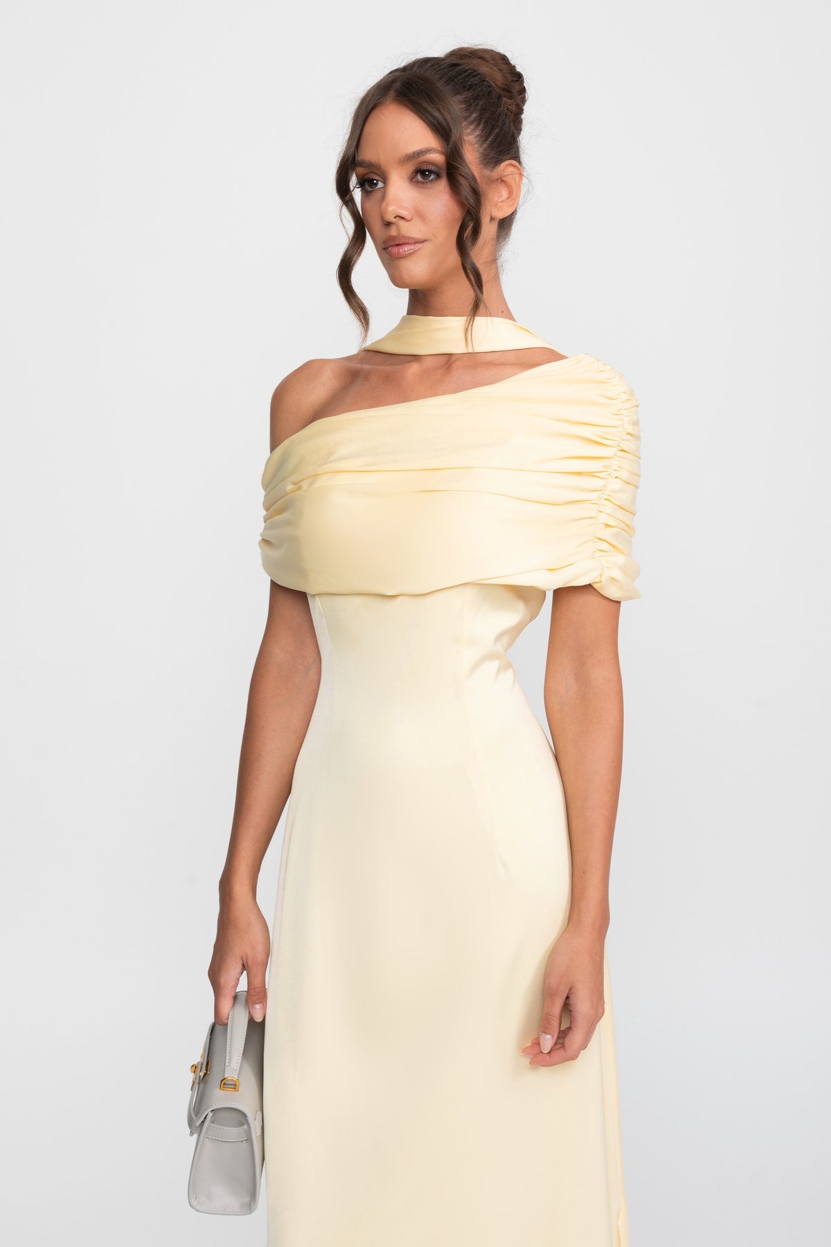 One-Shoulder Draped Satin Maxi Gown with Ruched Wrap Collar – Yellow – view 2