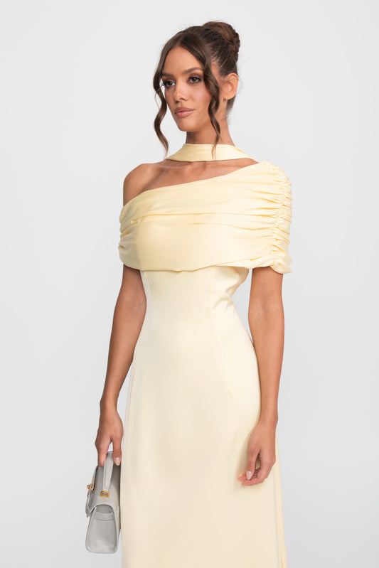 One-Shoulder Draped Satin Maxi Gown with Ruched Wrap Collar – Yellow – view 2