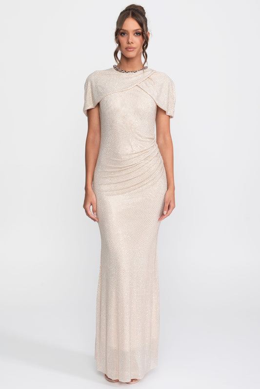 Crystal Trim Sequin Column Gown with Cross-Wrap Sleeve – Champagne – view 2