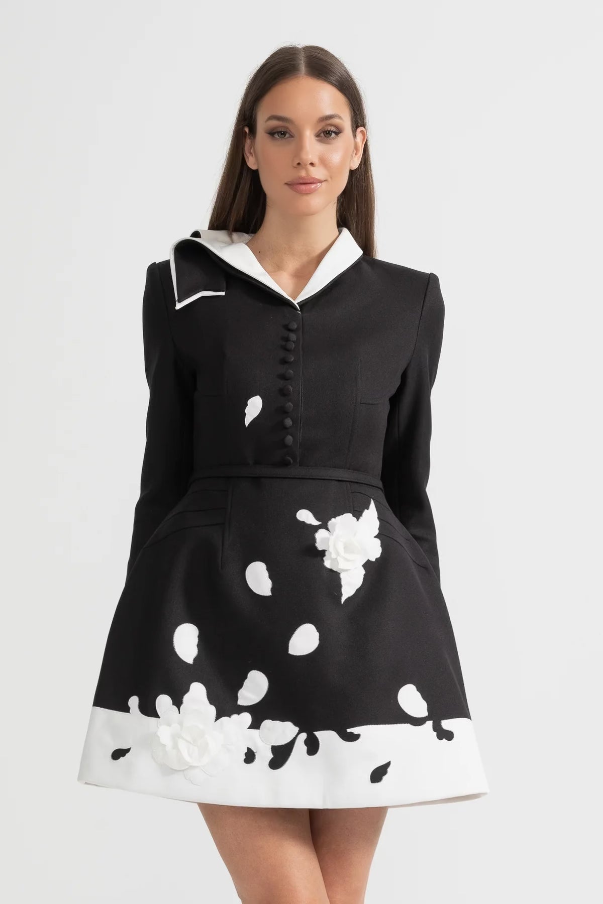 Contrast Collar Long Sleeve Dress with Fabric Flowers – Black – view 1