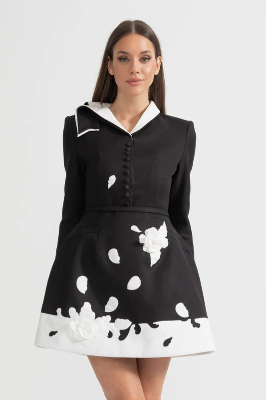 Contrast Collar Long Sleeve Dress with Fabric Flowers – Black