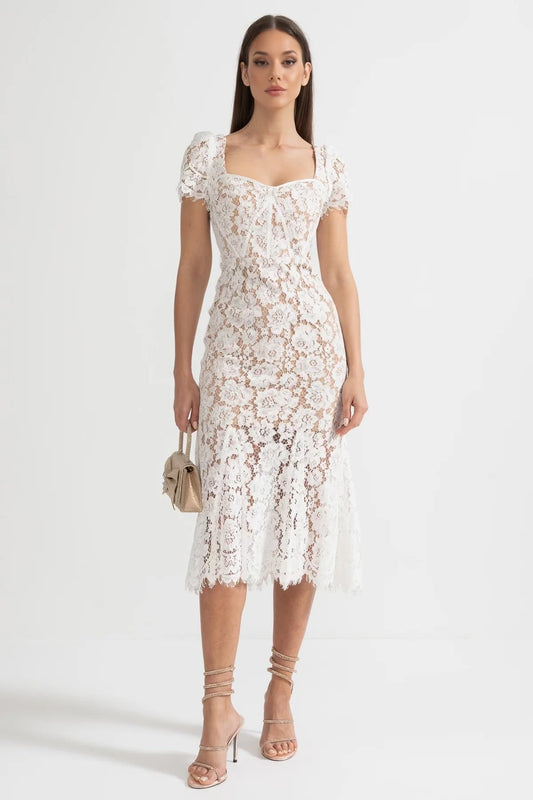Floral Lace Puff Sleeve Dress with Matching Waist Belt – White
