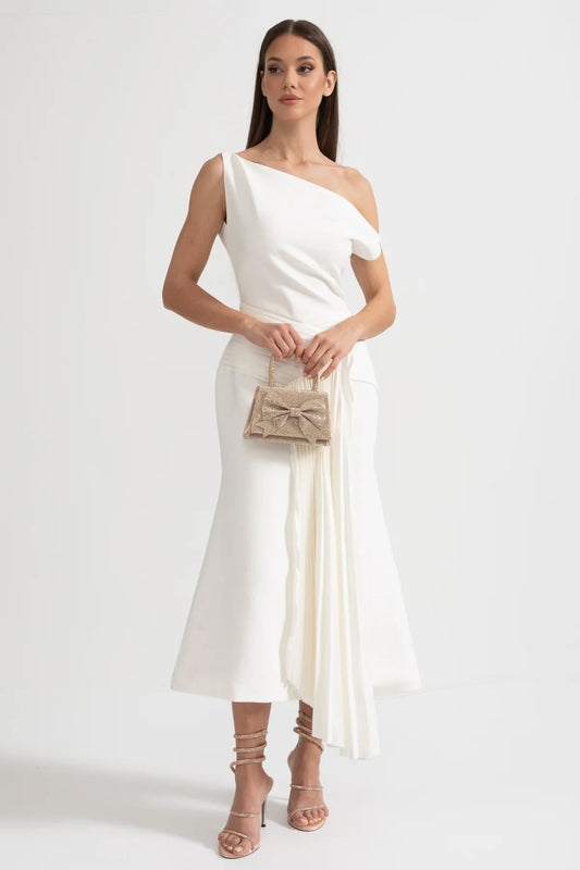 Off-Shoulder Minimalist Midi Dress with Pleated Waist – White