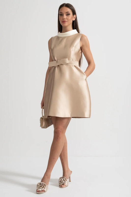 Satin Knee-Length Dress with White Collar and Bow Belt – Beige