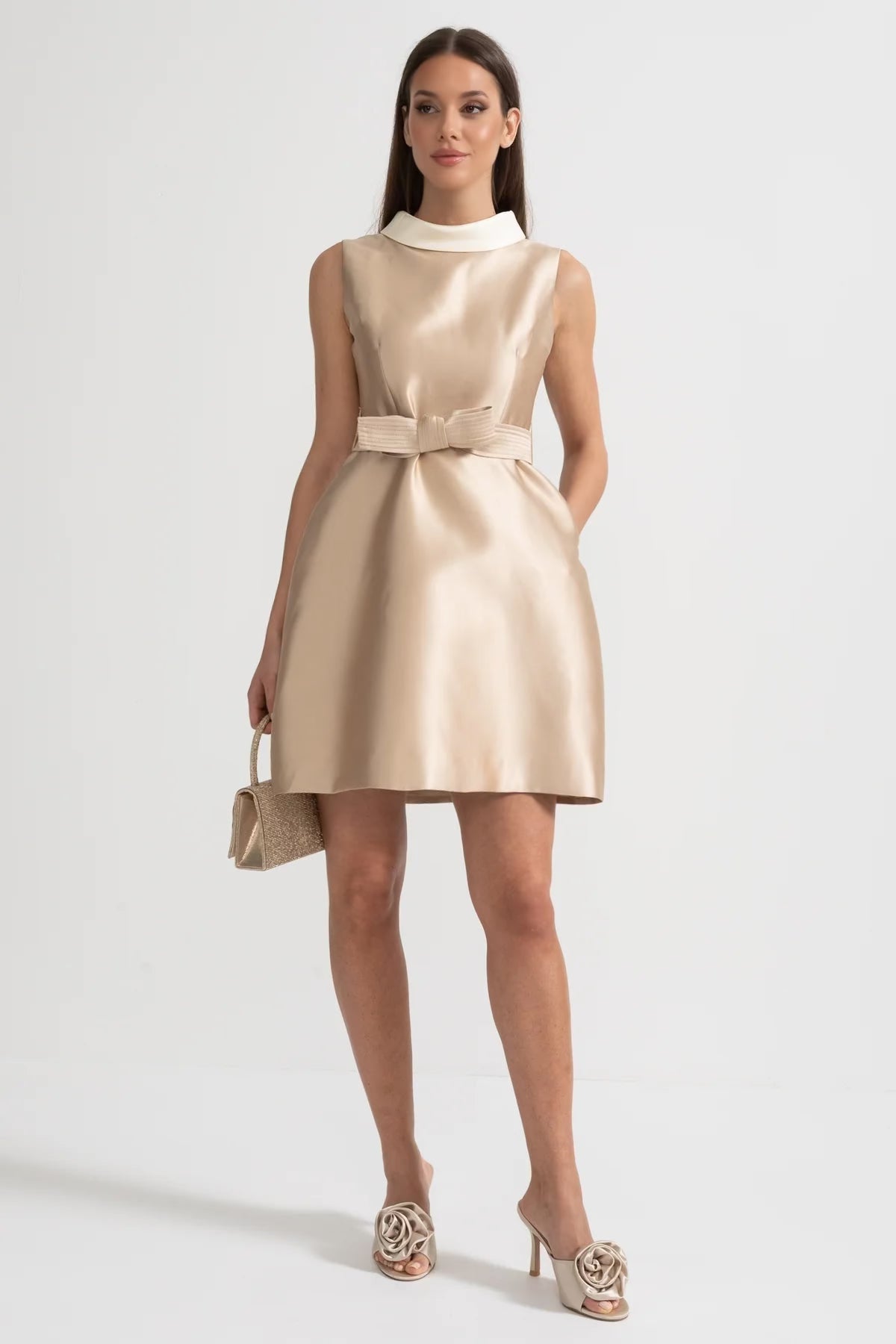 Satin Knee-Length Dress with White Collar and Bow Belt – Beige – view 2