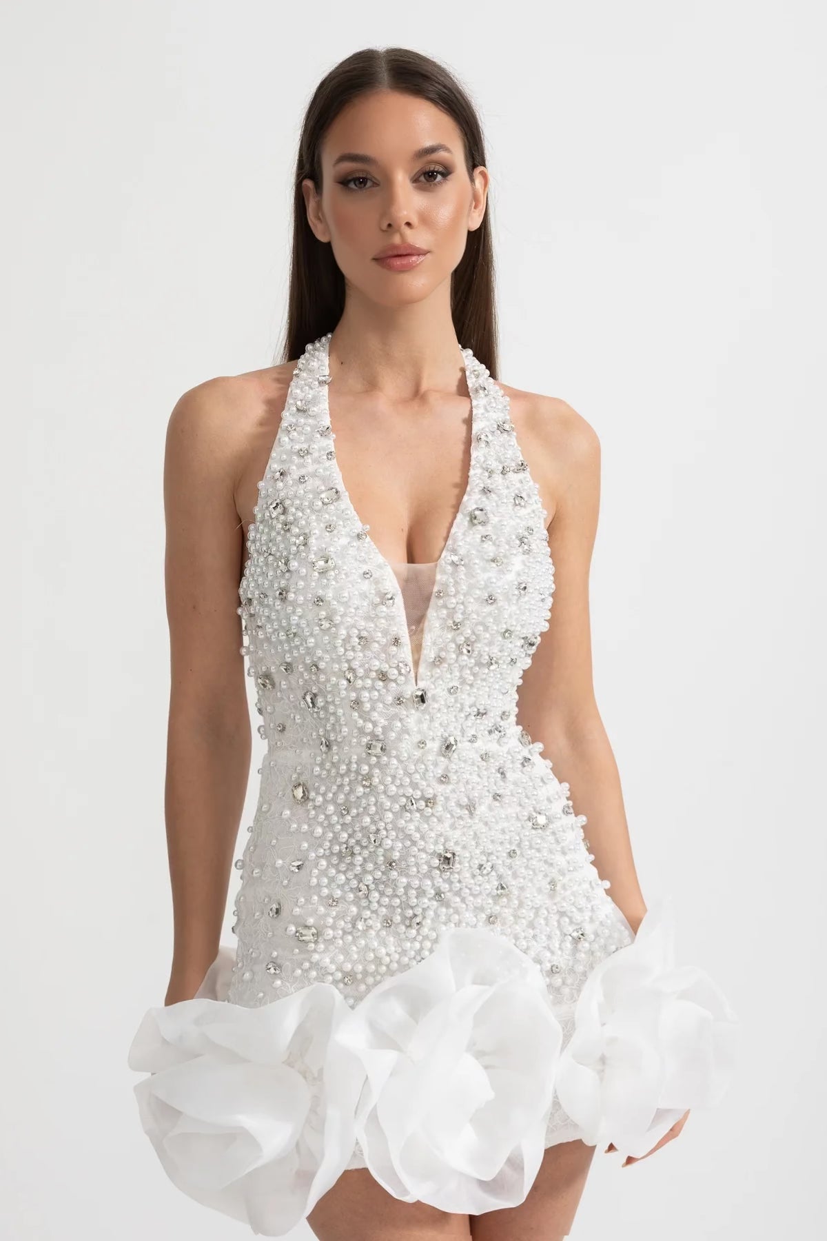 Deep V-Neck Pearl and Bead Embellished Mini Dress – White – view 1