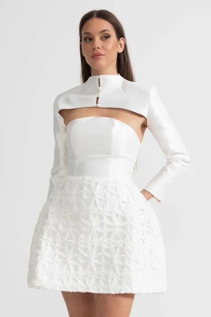 Strapless Sweetheart Mini Dress with Detachable Sculptural Bolero – White – view 1