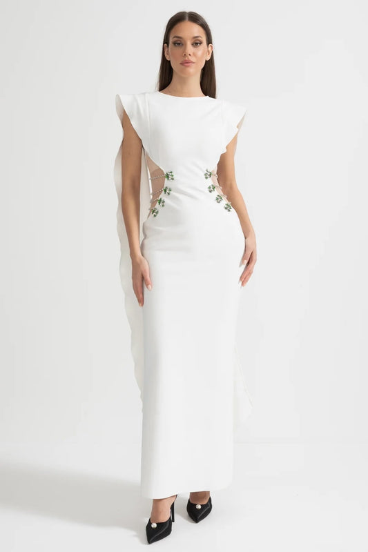 High Neck Sleeveless Maxi Dress with Embellished Side Cut-Outs – White