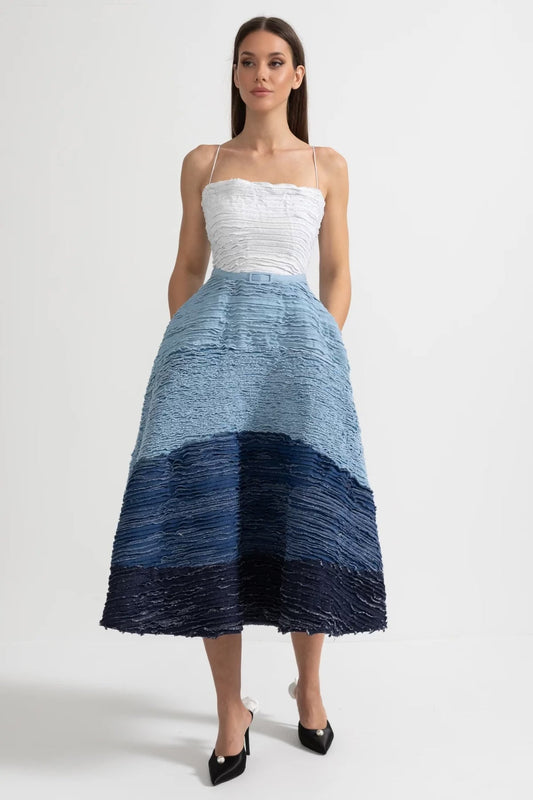 Ombre Pleated Spaghetti Strap Midi Dress with Denim Belt – White and Blue