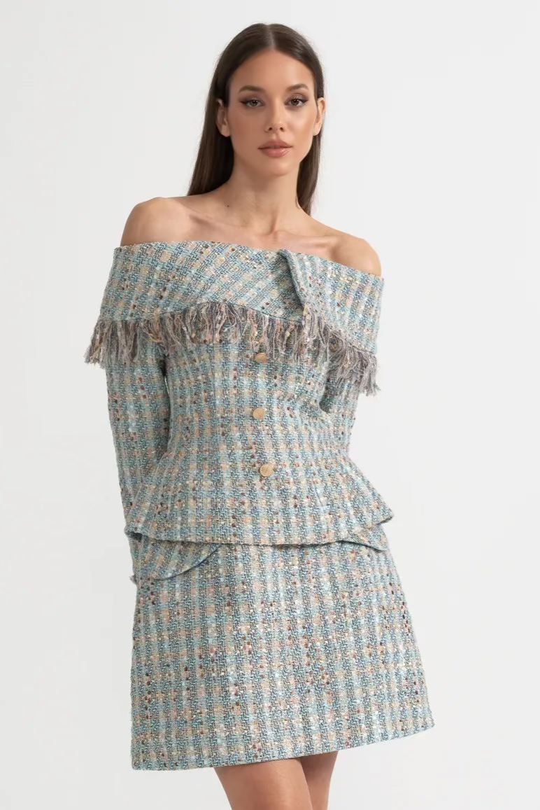Plaid Tweed Off-Shoulder Top and Mini Skirt Co-ord Set – Blue