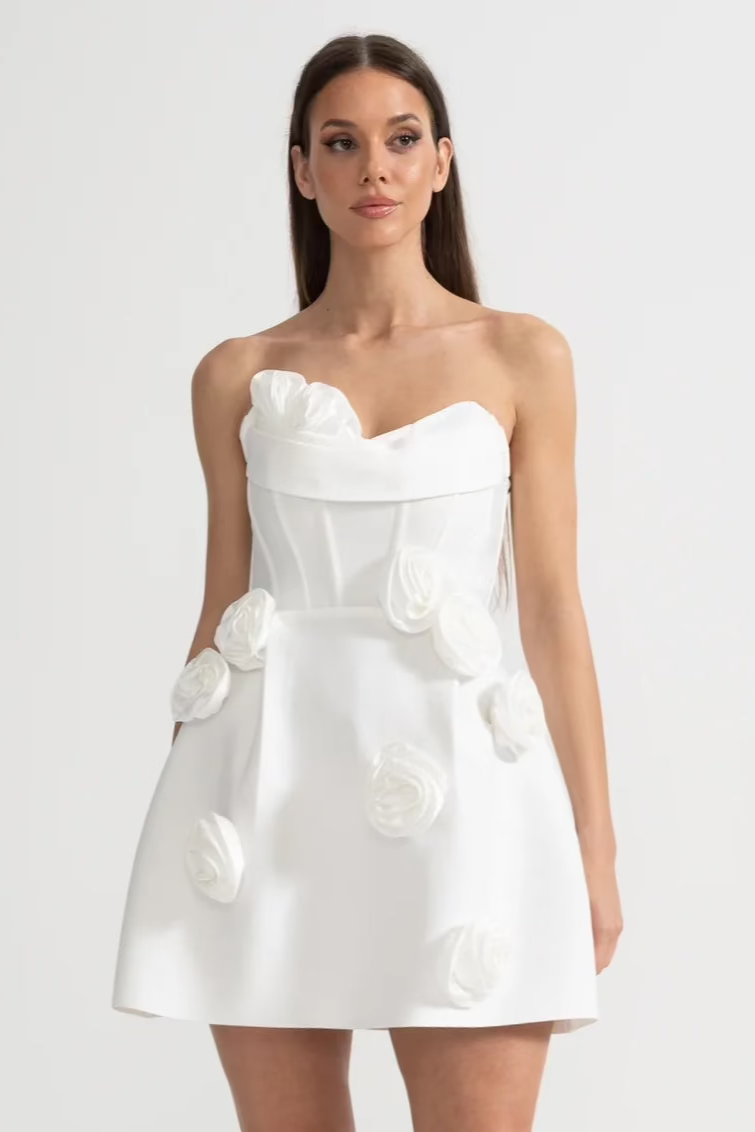 Strapless Sweetheart Mini Dress with Sculptural 3D Floral Appliqués – White
