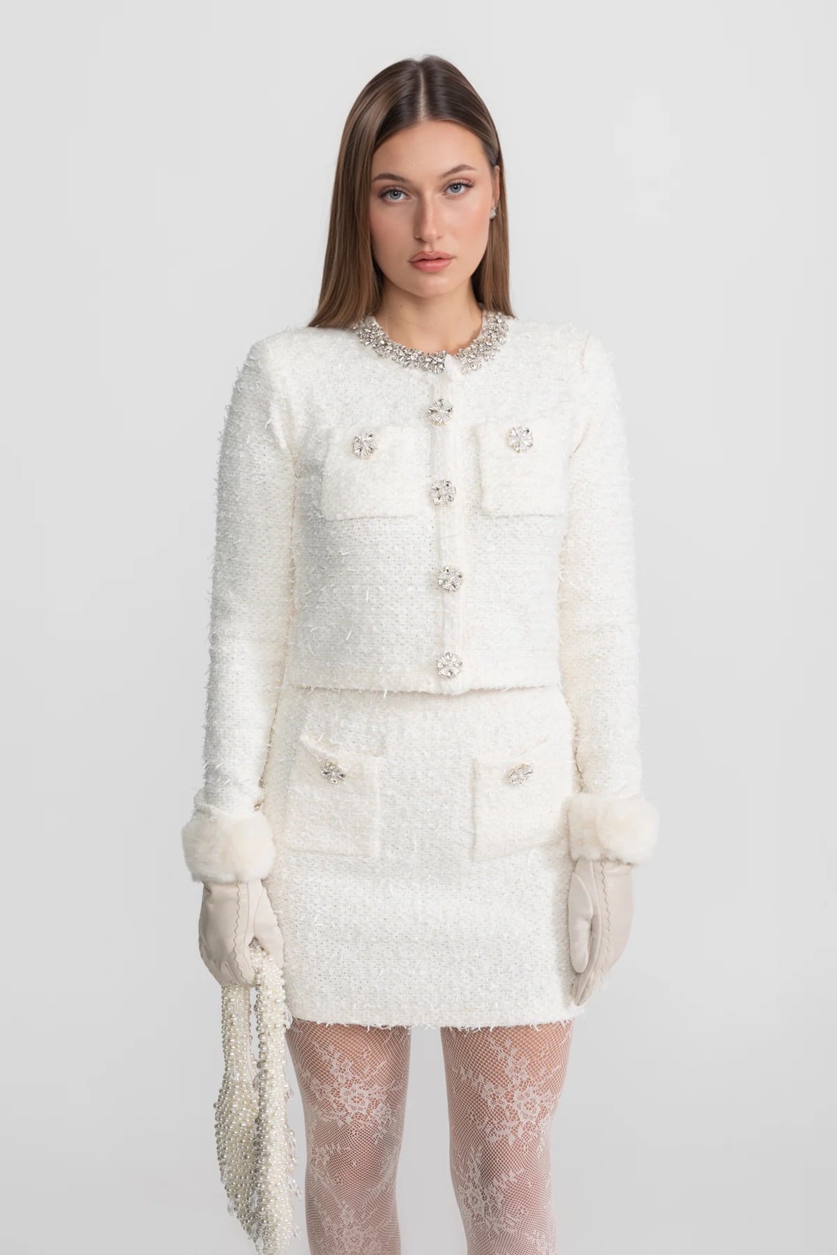 Cropped Boucle Tweed Blazer with Crystal Trim and Jewelled Buttons – White – view 2