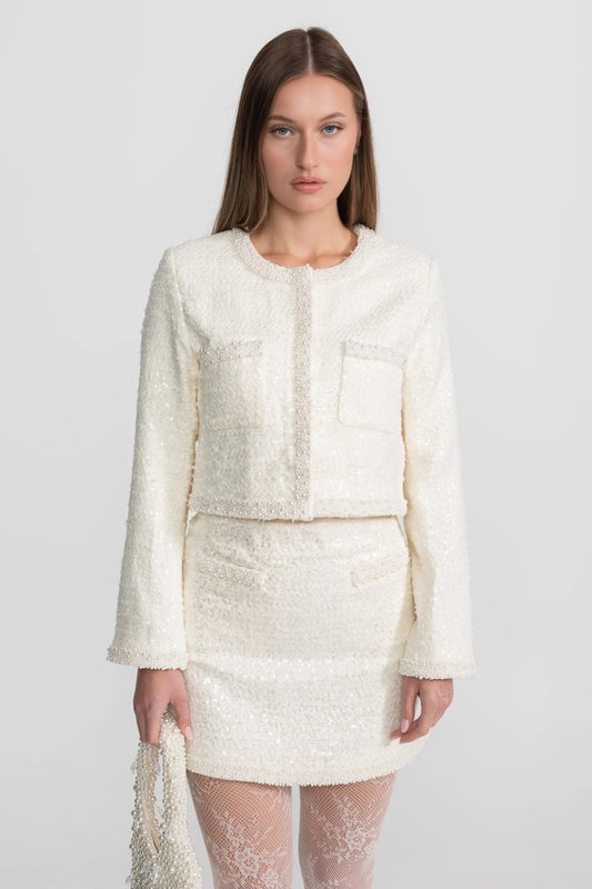 Tweed Mini Skirt with Tonal Beaded Trim and Hemline – Ivoire