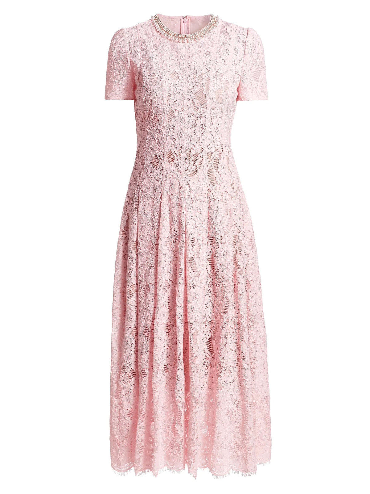 Lace A-Line Midi Dress with Crystal Embellished Crew Neck – Pink